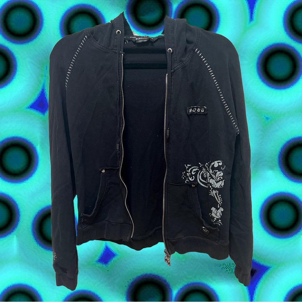 BCBG Max Azria Black Y2K Rhinestone Zip up Hoodie Jacket Women’s M